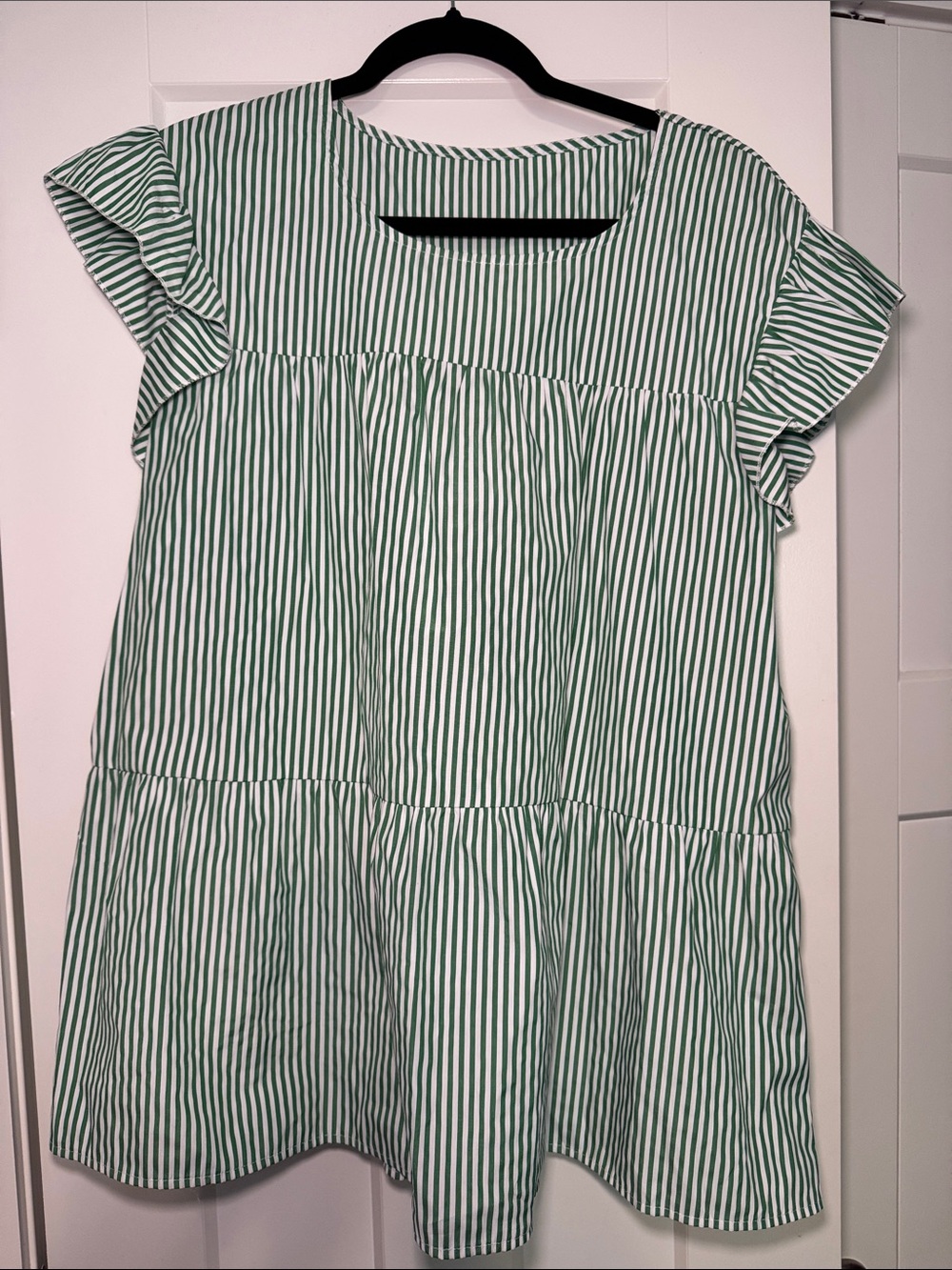 SHEIN Green and White Striped Ruffle-Sleeve Blouse